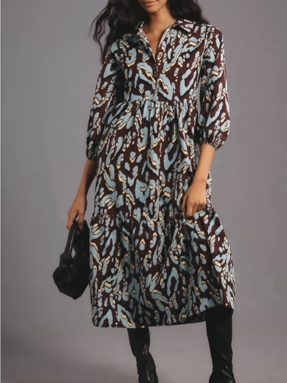 Maeve Blue and Brown Bettina Printed cotton Tiered Midi Dress